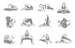 woman yoga poses for back and body stretching exercise set