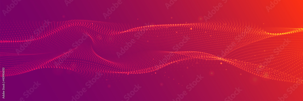 Red wide abstract wavy particle background. Flowing particles with depth of field. Technology, science, gaming, cinema, website vector background. - obrazy, fototapety, plakaty 