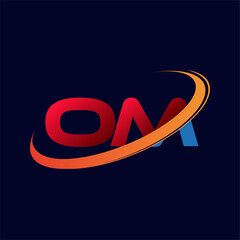 initial letter OM logotype company name colored red and orange swoosh design. isolated on dark background.