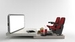 © Dimension Aesthetic - Movie from home. Smartphone white screen with objects in front of, Chair watching movies, popcorn, film rolls and movie tickets. Concepts, Isolated on White background, illustration, 3D rendering.