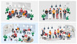 © merfin - Office interior workplace with group workers communicating or talking to client or conversations between teamwork or meeting, brainstorming. Vector cartoon concept illustration for business