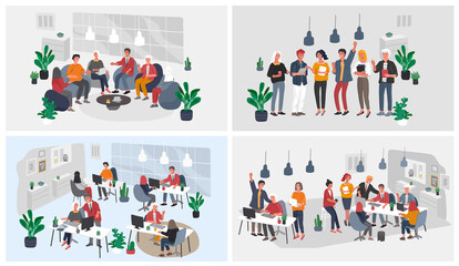 Wall Mural - Office interior workplace with group workers communicating or talking to client or conversations between teamwork or meeting, brainstorming. Vector cartoon concept illustration for business