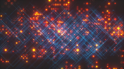 Poster - Abstract background with thin diagonal lines forming a lattice and little geometric elements. 3d render computer generated