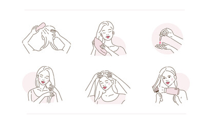 Beauty Girl Take Care of her Damaged Hair and Applying Treatment Oil on Hair Roots and Tips. Woman Making Haircare Procedures.  Beauty Haircare Routine. Flat Line Vector Illustration and Icons set.