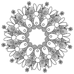 Wall Mural - Curled mandala with spirals and silhouettes of bunnies, Easter coloring page in the form of a round frame with patterns