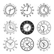 Clock and watch face with vintage round dial vector icons. Isolated black and white timepieces, antique wall or pocket watches with roman numerals and ornate clock hands, time design
