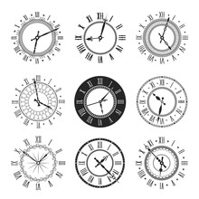 Clock And Watch Face With Vintage Round Dial Vector Icons. Isolated Black And White Timepieces, Antique Wall Or Pocket Watches With Roman Numerals And Ornate Clock Hands, Time Design