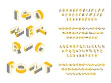 Isometric Font. 3d Geometric English Alphabet, Block Latin Text, Futuristic Uppercase Letters And Numbers In Different Angles Isometry Collection Colors 2021 Yellow And Grey Vector Set