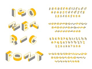 Poster - Isometric font. 3d geometric english alphabet, block latin text, futuristic uppercase letters and numbers in different angles isometry collection colors 2021 yellow and grey vector set