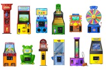 Game Machines Vector Set Of Arcade Video, Casino Slot, Claw Crane And Wheel Of Fortune. Basketball, Duck Hunt, Racer, Strength Tester Coin Operated Machines With Pixel Screens, Buttons And Joysticks