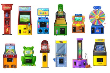 Game machines vector set of arcade video, casino slot, claw crane and wheel of fortune. Basketball, duck hunt, racer, strength tester coin operated machines with pixel screens, buttons and joysticks