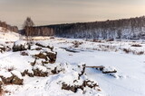Fototapeta  - Winter landscape with frozen river, snow, rocks and trees