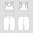 Racerback bralette and legging shorts. Women's sportswear. Activewear set. Vector technical sketch. Mockup template.
