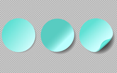 Poster - Turquoise round stickers with curled edge vector template isolated on transparent background.