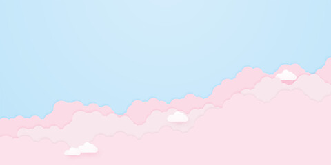 Wall Mural - cloudscape, blue sky with pink clouds , paper art style