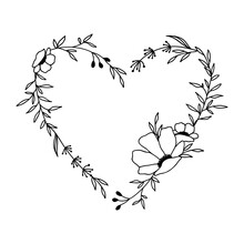 Hand Drawn Floral Heart Frame Wreath On White Background