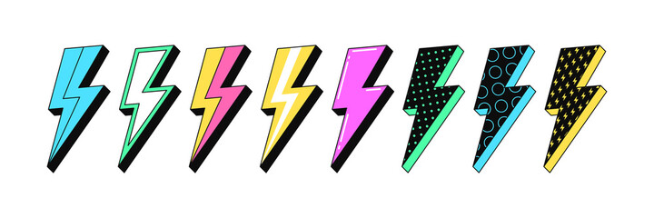 Poster - Isolated Lightning bolt signs. 2st set of flash thunderbolts with texture for zine retro culture
