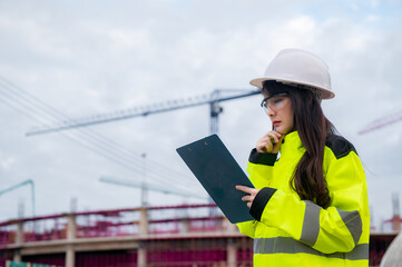 Asian engineer working at site of a large building project,Thailand people,Work overtime at construction site