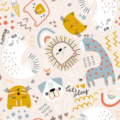 Wall Mural - Seamless childish pattern with cute animals. Creative kids hand drawn texture for fabric, wrapping, textile, wallpaper, apparel. Vector illustration