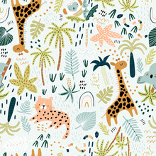 Seamless Jungle Pattern With Cute Hand Drawn Animals And Tropical Elements. Creative Kids Design For Fabric, Wrapping, Textile, Wallpaper, Apparel. Vector Illustration