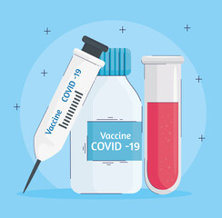 Poster - syringe and vial with covid19 vaccine medical icon vector illustration design