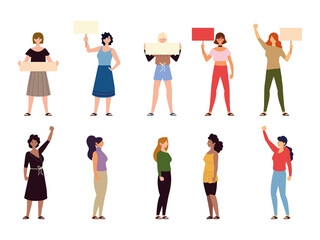 Poster - diverse cartoon women standing together and holding a placard