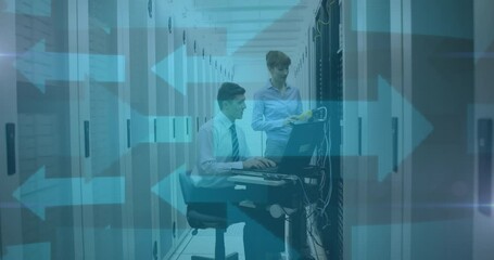 Poster - Animation of blue arrows over man and woman checking computer servers