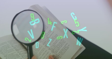 Poster - Digital composition of multiple changing numbers and alphabets against magnifying glass on open book