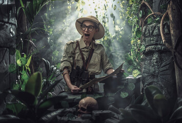 cheerful woman exploring a tropical jungle