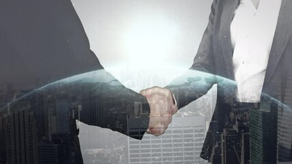 Poster - Digital composition of business people shaking hands over globe against tall buildings in background