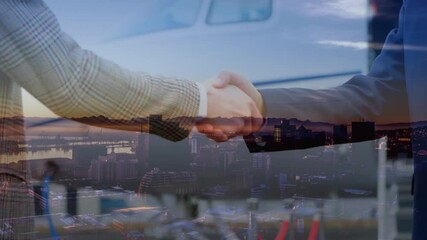 Poster - Digital composition of business people shaking hands over airport against cityscape in background