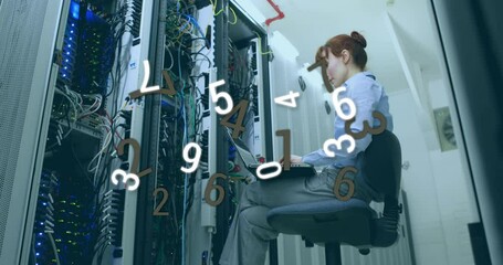Poster - Animation of numbers changing and processing over woman using laptop checking computer server