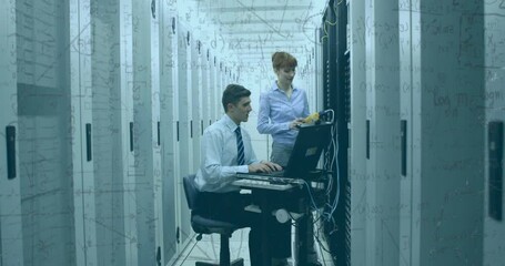 Poster - Animation of mathematical formulae over people working in tech room with computer servers