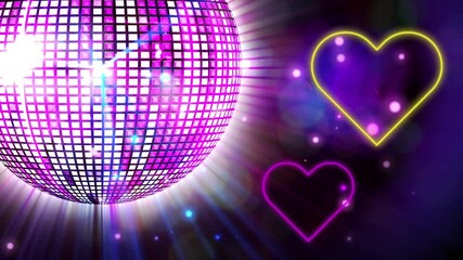 Sticker - Animation of glowing pink disco ball and pink and yellow neon hearts flashing on black