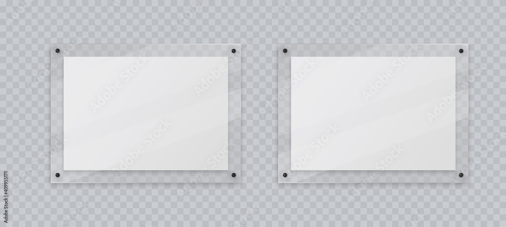 Acrylic frame mockup, two horizontal glass plate for poster of photo, realistic mockup isolated hanging on transparent wall. White blank banners on plexiglass display, 3d vector illustration. - obrazy, fototapety, plakaty 