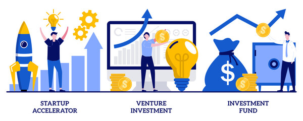 Poster - Startup accelerator, venture investment, investment fund concept with tiny people. Business incubator abstract vector illustration set. Business opportunity, angel investor, entrepreneur metaphor
