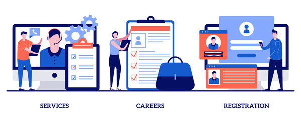 Poster - Service, careers, registration page concept with tiny people. Corporate website abstract vector illustration set. Menu bar design, corporate website, create account, user experience metaphor