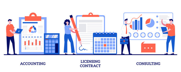 Poster - Accounting, licensing contract, consulting concept with tiny people. Financial audit and literacy abstract vector illustration set. Financier, banker advising, bookkeeping, agreement signing metaphor