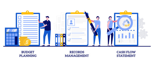 Poster - Budget planning, records management, cash flow statement concept with tiny people. Money savings estimation abstract vector illustration set. Files organization system, financial report metaphor