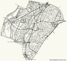 Black Simple Detailed Street Roads Map On Vintage Beige Background Of The Neighbourhood Seizième, 16th Arrondissement Of Paris, France