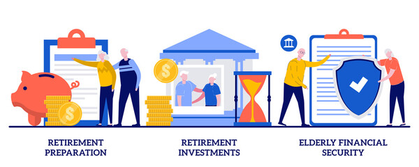 Poster - Retirement preparation, investments and elderly financial security concept with tiny people. Retirement financial planning abstract vector illustration set. Retiree budget, pension account metaphor