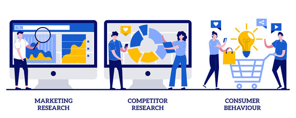 Poster - Marketing research, competitor research, consumer behaviour concept with tiny people. Targeting strategy abstract vector illustration set. Focus group, survey agency, target audience metaphor