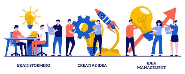 Poster - Team brainstorming, idea management, creative idea concept with tiny people. Project management vector illustration set. Startup collaboration, find solution, product development stage metaphor