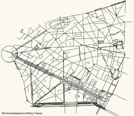 Wall Mural - Black simple detailed street roads map on vintage beige background of the neighbourhood huitième, 8th arrondissement of Paris, France