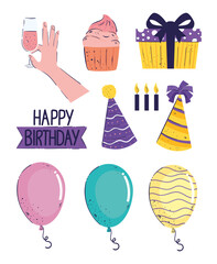 Wall Mural - bundle of ten happy birthday letterings and icons vector illustration design