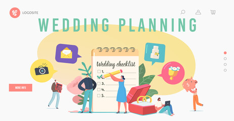 Wall Mural - couple planning wedding landing page template. tiny loving characters at huge planner filling checkl