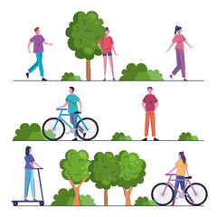 Wall Mural - young people practicing activities in the park vector illustration design