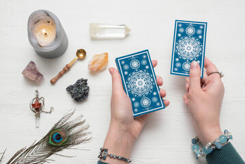 Canvas Print - Fortune teller is reading the future with a tarot cards top view.