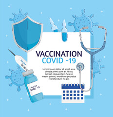 Poster - covid19 vaccination lettering with set items vector illustration design