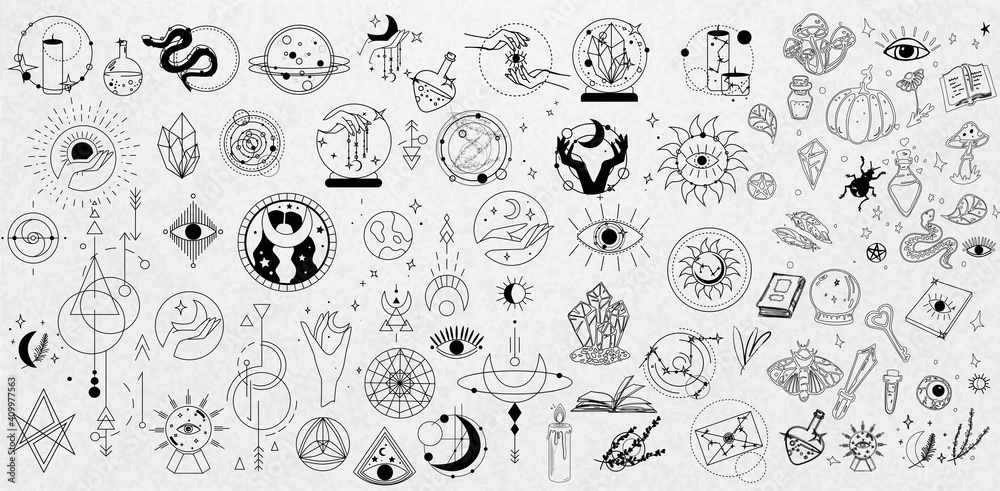 Collection of Mystical and Astrology objects. Mystical signs, silhouettes, zodiac signs. Astrological and magical elements are isolated on a white background. Astronomy. Line art illustrations - obrazy, fototapety, plakaty 